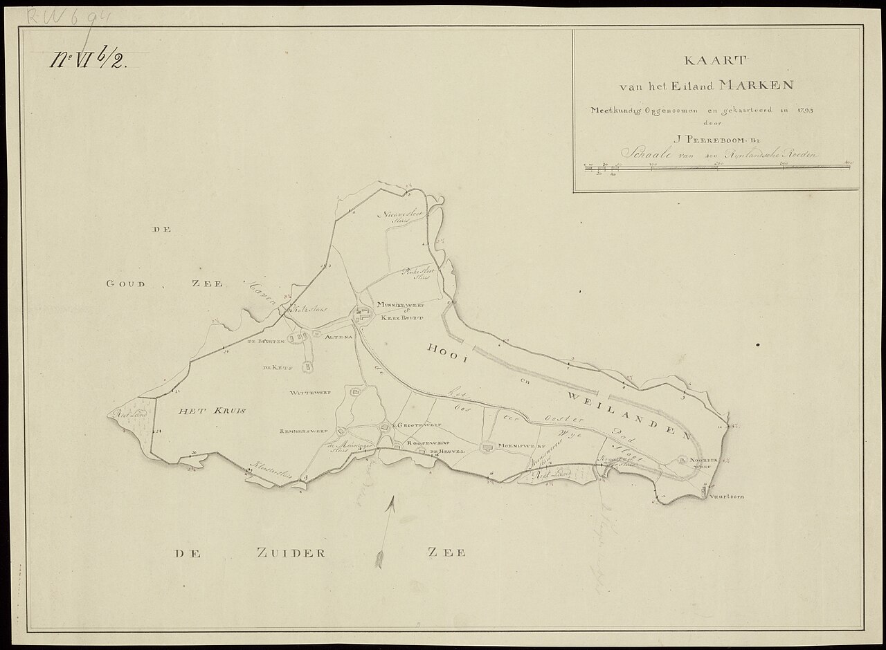Historische kaart van Marken uit 1793 met de oude vorm van het eiland en de dijken