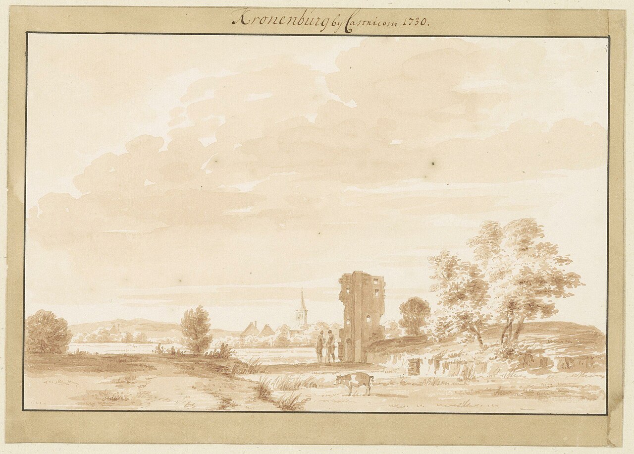 Tekening uit 1730 van de laatste ruïneresten van kasteel Kronenburg bij Castricum