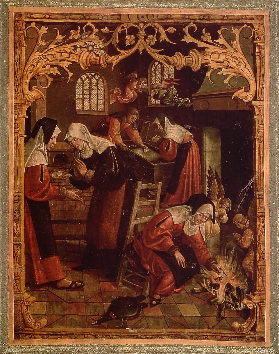 Schilderij van het Mirakel van Amsterdam, met een vrouw die de ongeschonden hostie uit het haardvuur haalt