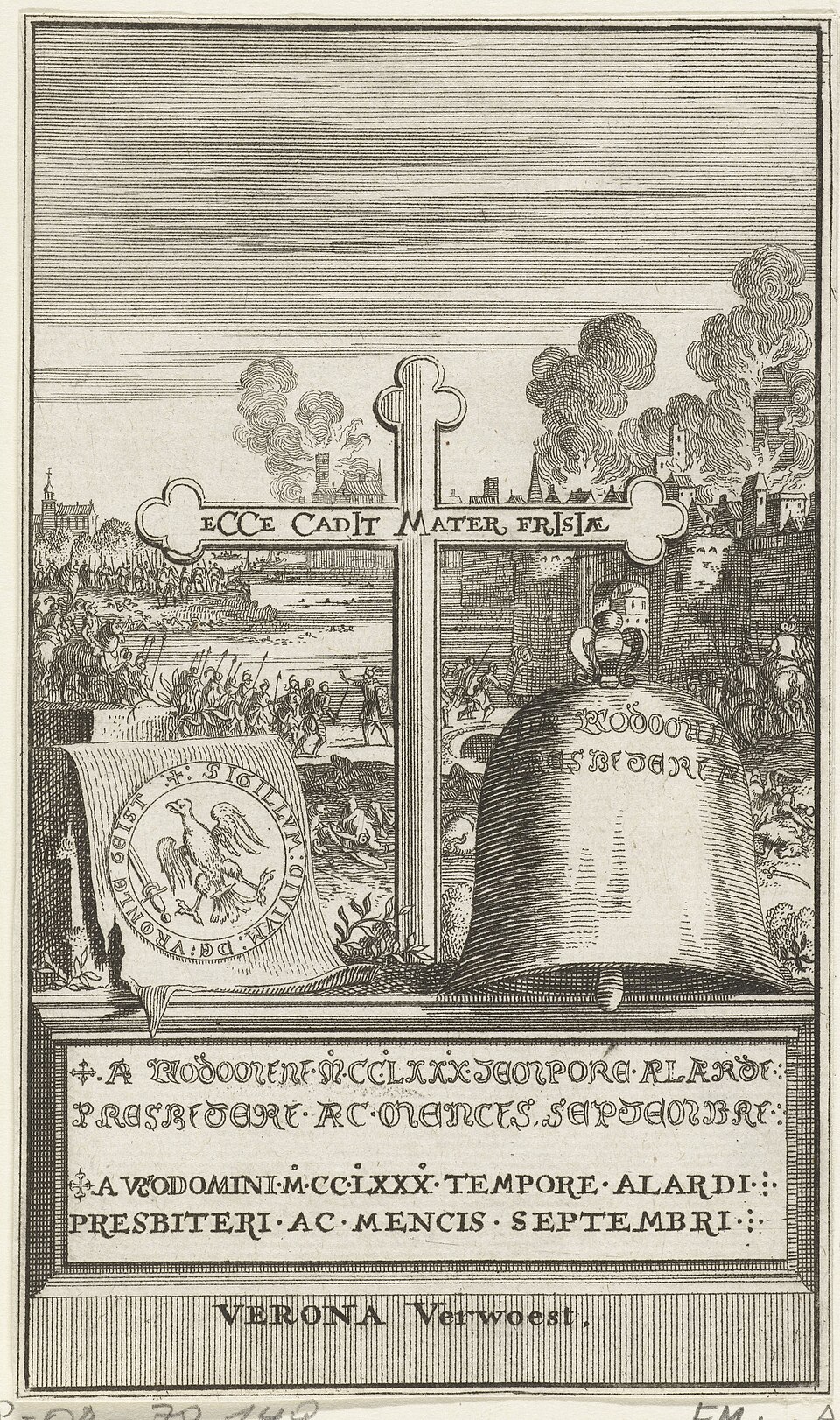 Achttiende-eeuwse prent met een symbolische voorstelling van de verwoesting van Vronen