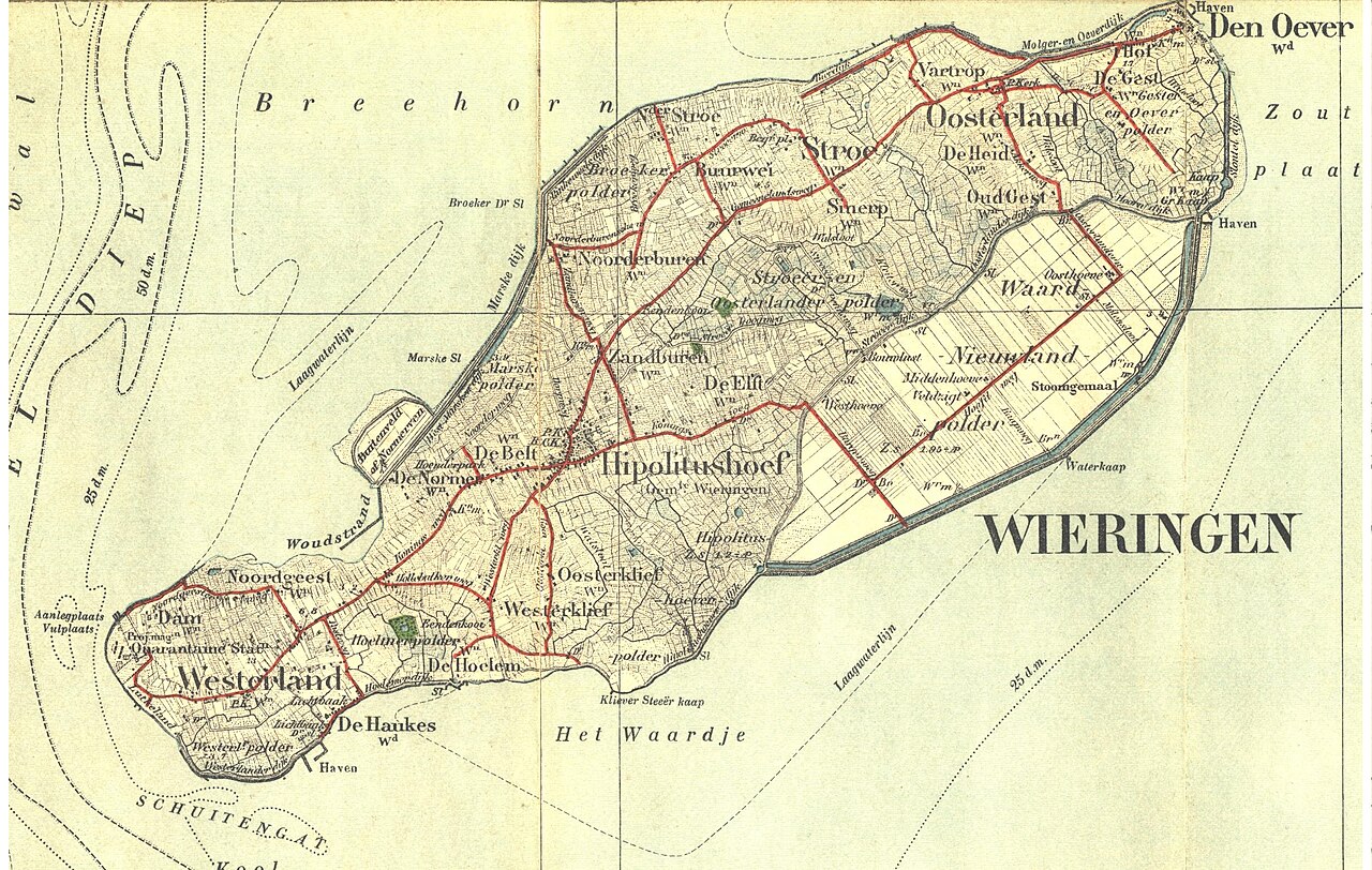 Topografische kaart uit 1909 waarop Wieringen nog volledig als eiland is weergegeven