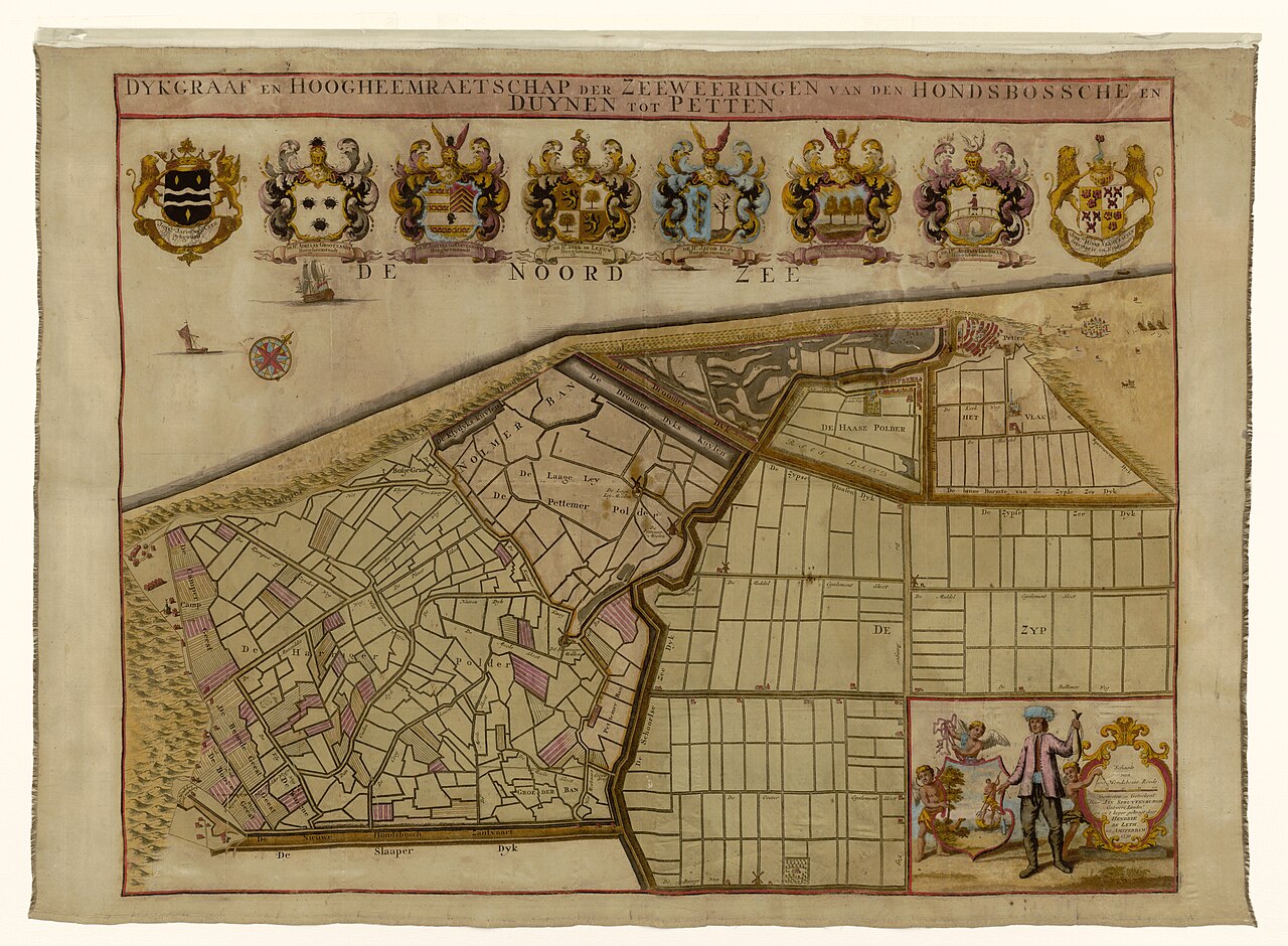 Historische kaart van de Hondsbossche Zeewering, de duinen en de polders bij Petten