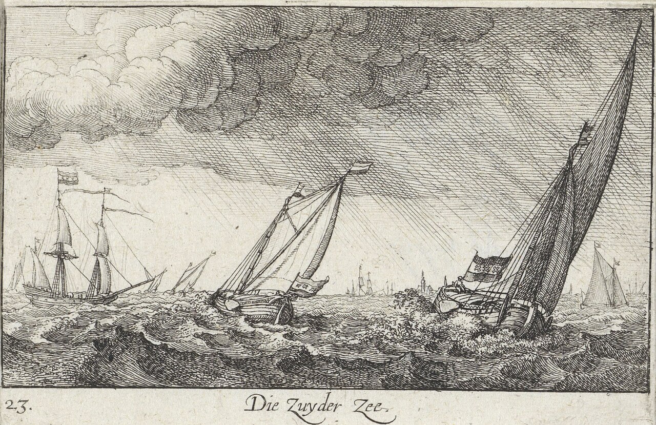 Schepen tijdens storm op de Zuiderzee, met donkere lucht en onrustig water
